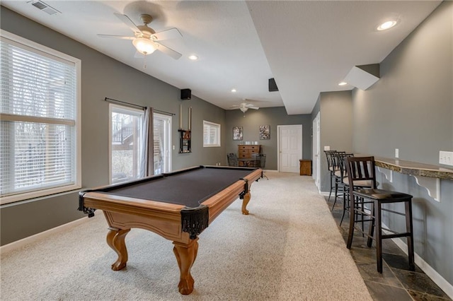 rec room with visible vents, baseboards, billiards, and a ceiling fan