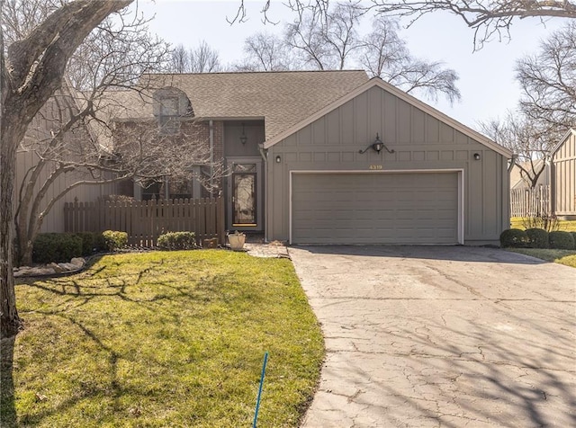 view of front of property with board and batten siding, concrete driveway, a garage, and fence