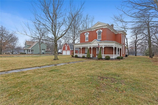 italianate-style house with a porch, a garage, brick siding, a front lawn, and a chimney