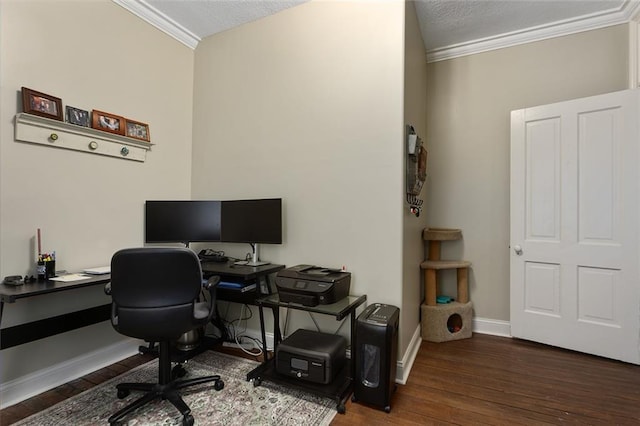 office area with crown molding, a textured ceiling, baseboards, and wood finished floors