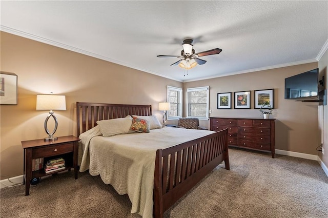 bedroom featuring carpet flooring, ceiling fan, baseboards, and ornamental molding