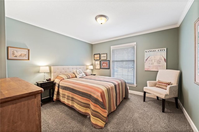 carpeted bedroom featuring crown molding and baseboards