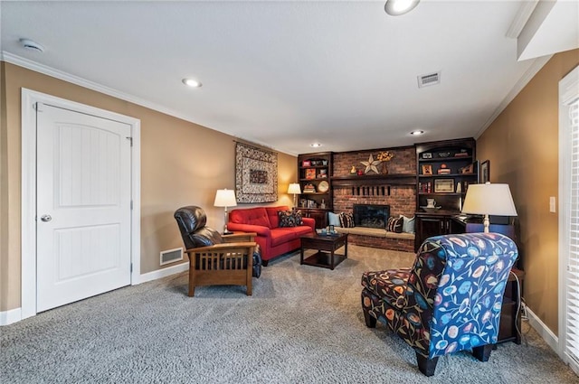 carpeted living area with visible vents, a brick fireplace, crown molding, and baseboards