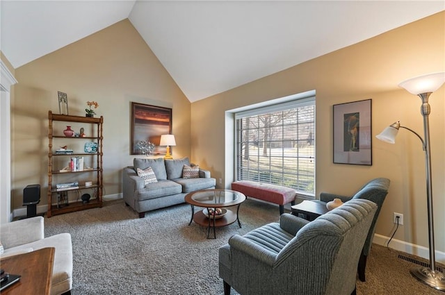 carpeted living room with baseboards, visible vents, and high vaulted ceiling