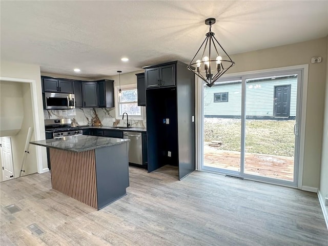 kitchen featuring light wood finished floors, stainless steel appliances, tasteful backsplash, a kitchen island, and a sink