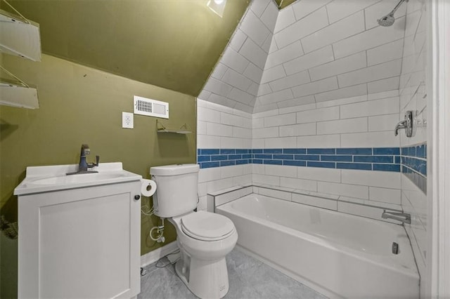 bathroom featuring vanity, visible vents,  shower combination, lofted ceiling, and toilet