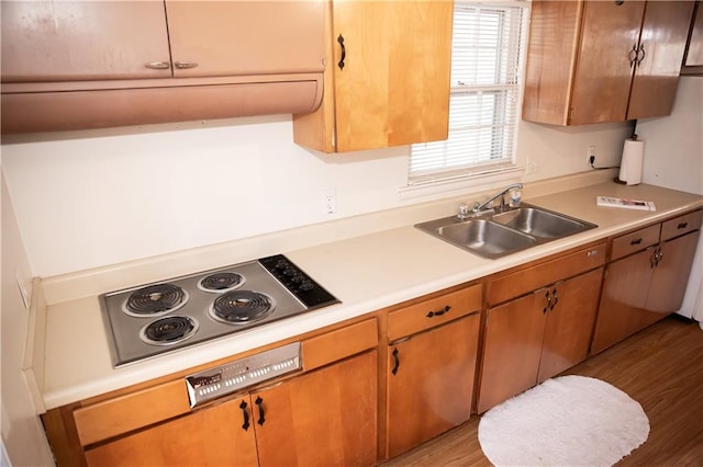 kitchen with light wood-type flooring, light countertops, a sink, and stainless steel electric cooktop