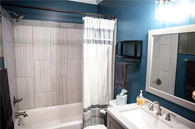 bathroom featuring shower / tub combo with curtain, vanity, and toilet