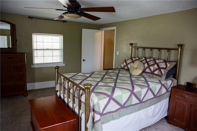 bedroom featuring ceiling fan and carpet