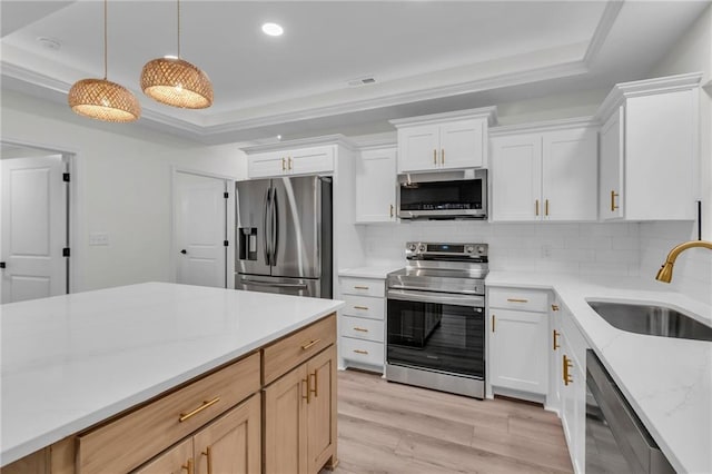 kitchen featuring visible vents, stainless steel appliances, a tray ceiling, and a sink