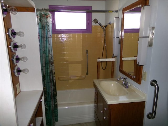 full bathroom with shower / bath combination with curtain and vanity