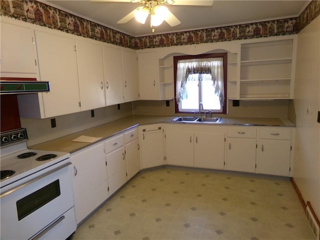 kitchen featuring exhaust hood, a sink, white cabinets, open shelves, and white electric range oven