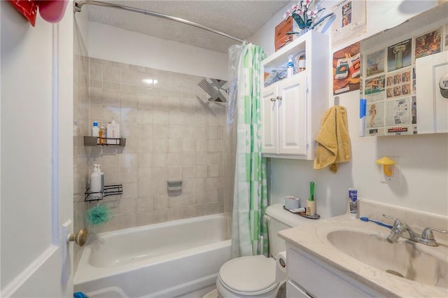 bathroom with shower / bath combo, a textured ceiling, toilet, and vanity