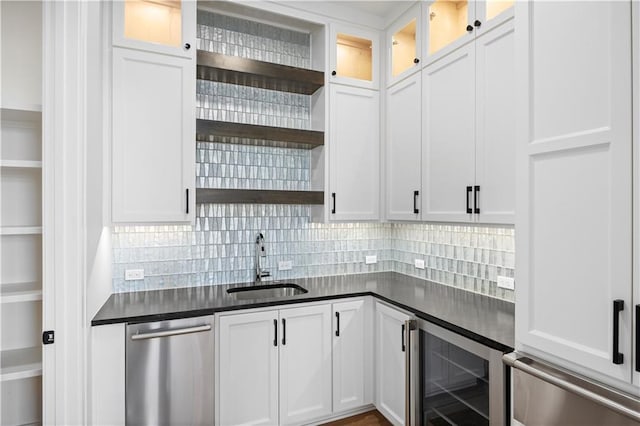 bar featuring wine cooler, backsplash, a sink, and stainless steel dishwasher