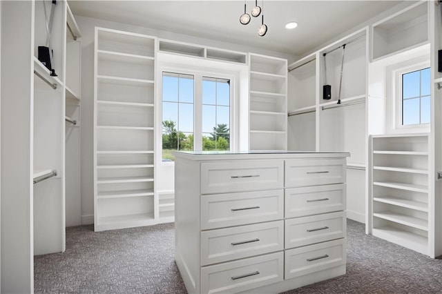 spacious closet featuring dark colored carpet