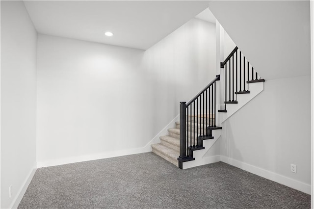 stairway with carpet floors, recessed lighting, and baseboards