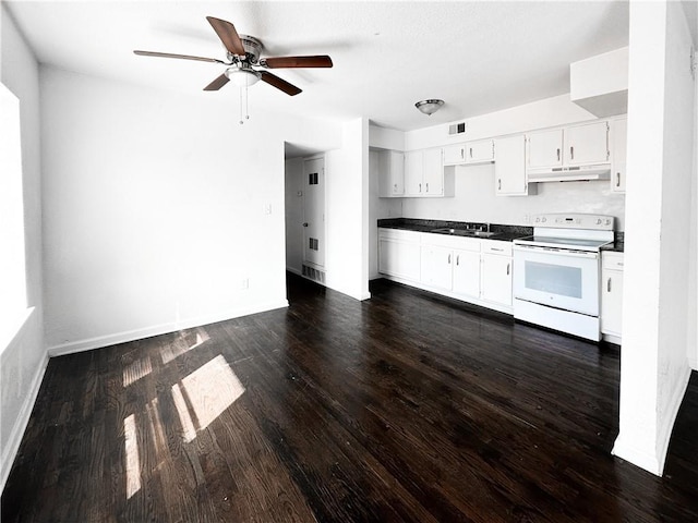 3112 Benton Blvd, Kansas City, MO 64128 - kitchen with white electric range oven, dark countertops, dark wood-style floors, under cabinet range hood, and a sink