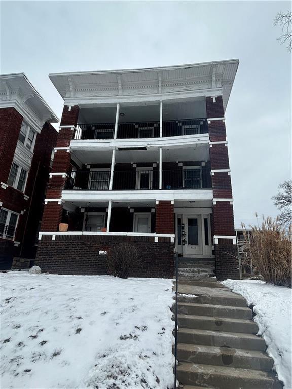 view of snow covered building