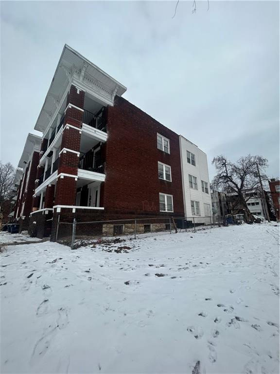 view of snow covered building