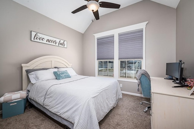 bedroom with carpet floors, lofted ceiling, ceiling fan, and baseboards