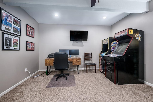 office space featuring carpet floors, recessed lighting, and baseboards