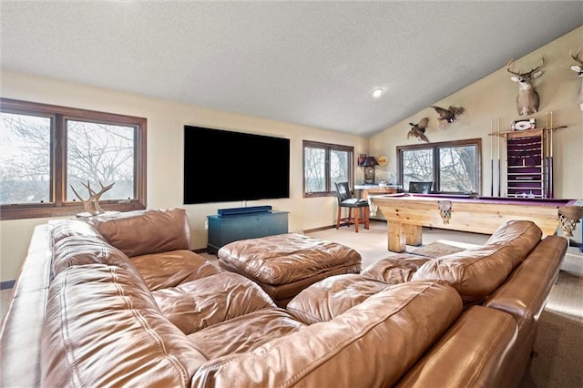 living room with lofted ceiling, billiards, a textured ceiling, carpet floors, and baseboards