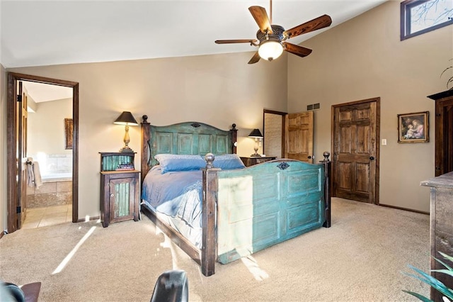 bedroom featuring visible vents, connected bathroom, light colored carpet, high vaulted ceiling, and a ceiling fan