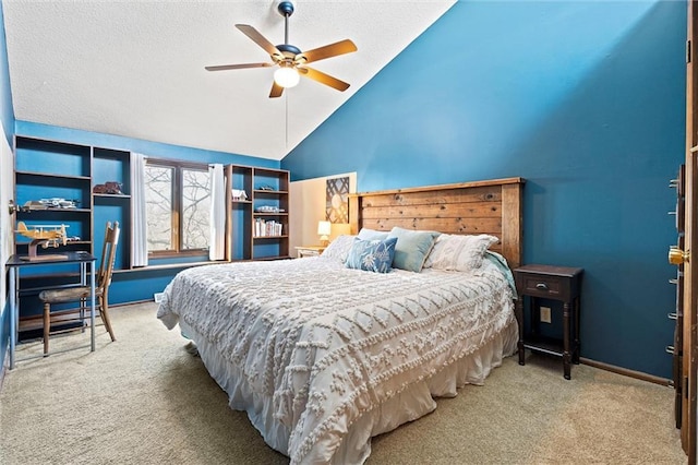 bedroom with baseboards, high vaulted ceiling, ceiling fan, a textured ceiling, and carpet flooring