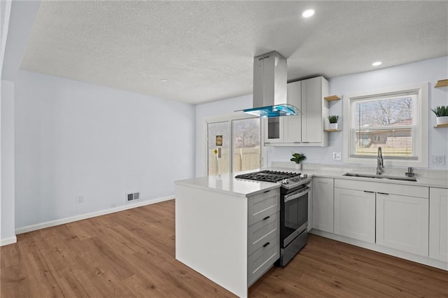 kitchen featuring a sink, a peninsula, island exhaust hood, gas stove, and open shelves