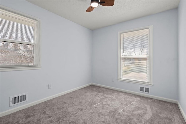 spare room with visible vents, carpet, and a healthy amount of sunlight