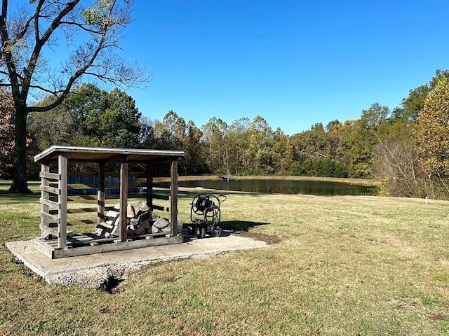 view of property's community featuring a water view, a view of trees, and a lawn