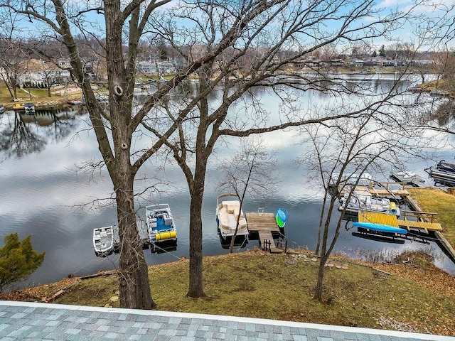 property view of water with a dock