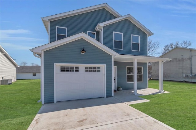 traditional-style house with a front lawn, concrete driveway, central AC unit, and an attached garage