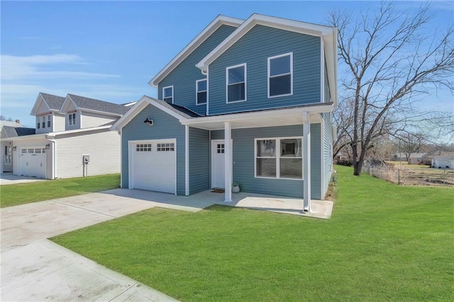 view of front facade featuring a garage, covered porch, concrete driveway, and a front yard