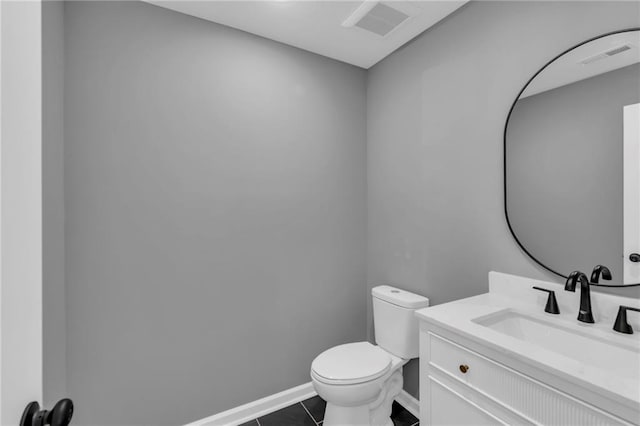 half bathroom with tile patterned floors, visible vents, toilet, and vanity