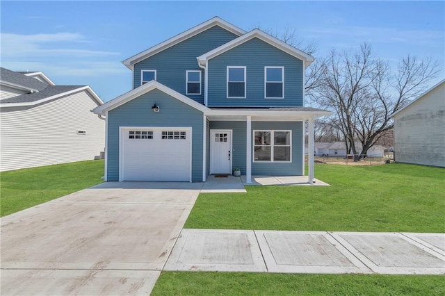 view of front of home with a garage, a porch, concrete driveway, and a front lawn