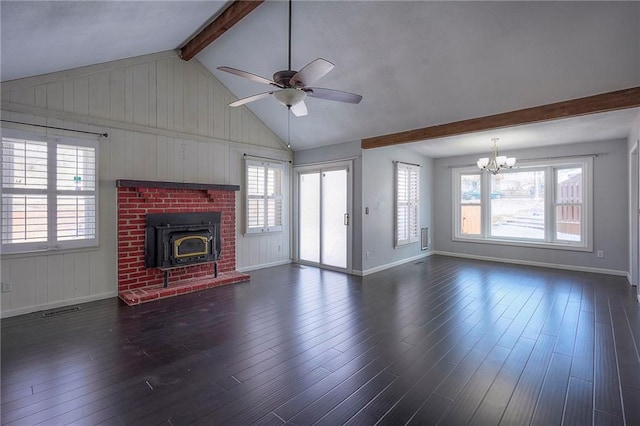 unfurnished living room featuring baseboards, visible vents, dark wood finished floors, vaulted ceiling with beams, and ceiling fan with notable chandelier