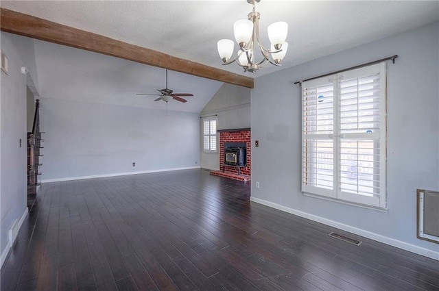 unfurnished living room featuring dark wood-style flooring, stairway, lofted ceiling with beams, baseboards, and ceiling fan with notable chandelier