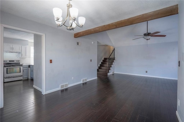 living area featuring dark wood-type flooring, visible vents, baseboards, and stairs