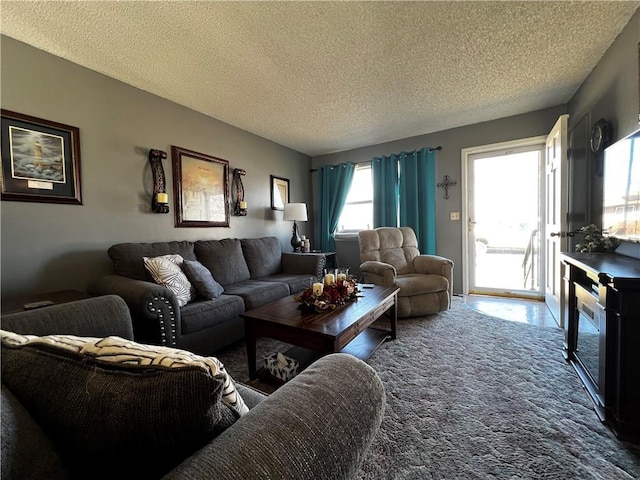 carpeted living area featuring a textured ceiling