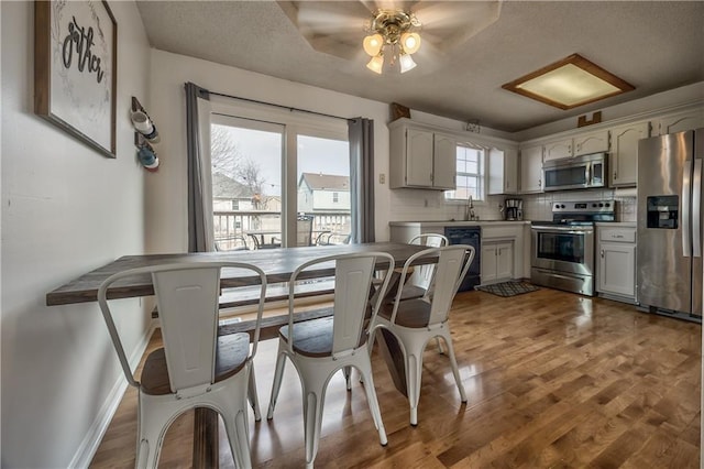 kitchen with a sink, appliances with stainless steel finishes, wood finished floors, and tasteful backsplash