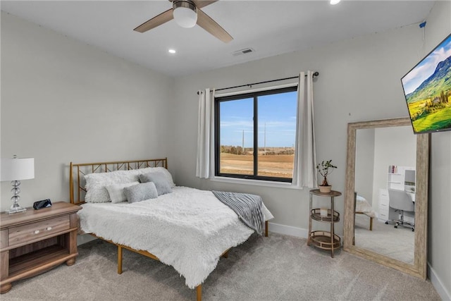 bedroom with visible vents, baseboards, carpet flooring, recessed lighting, and a ceiling fan