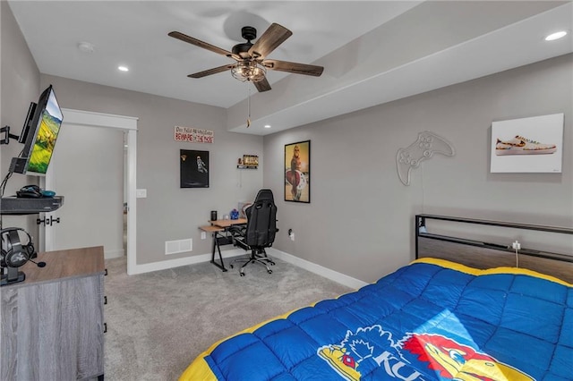 carpeted bedroom with recessed lighting, visible vents, baseboards, and a ceiling fan