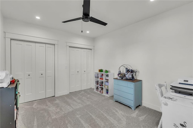 interior space featuring carpet flooring, recessed lighting, baseboards, and a ceiling fan