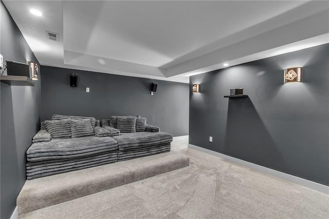 carpeted cinema room with visible vents, recessed lighting, and baseboards