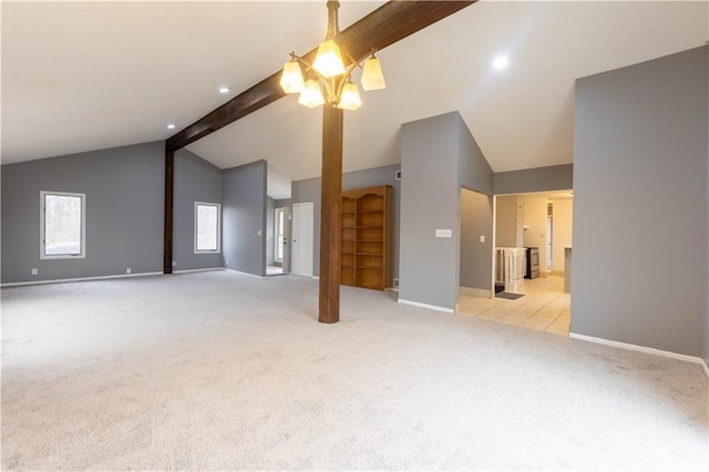 unfurnished living room with light carpet, high vaulted ceiling, baseboards, and beamed ceiling