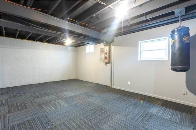 basement with carpet and electric panel