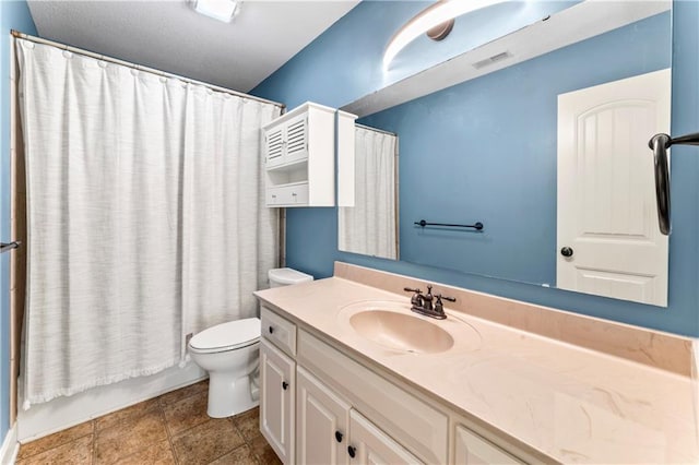 full bathroom featuring visible vents, toilet, and vanity