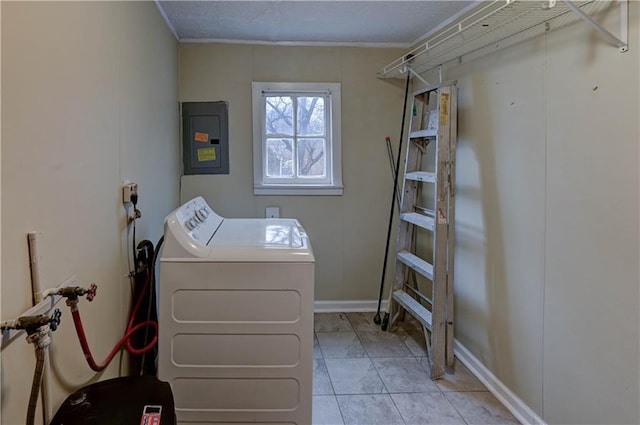 laundry room featuring laundry area, electric panel, light tile patterned floors, and independent washer and dryer