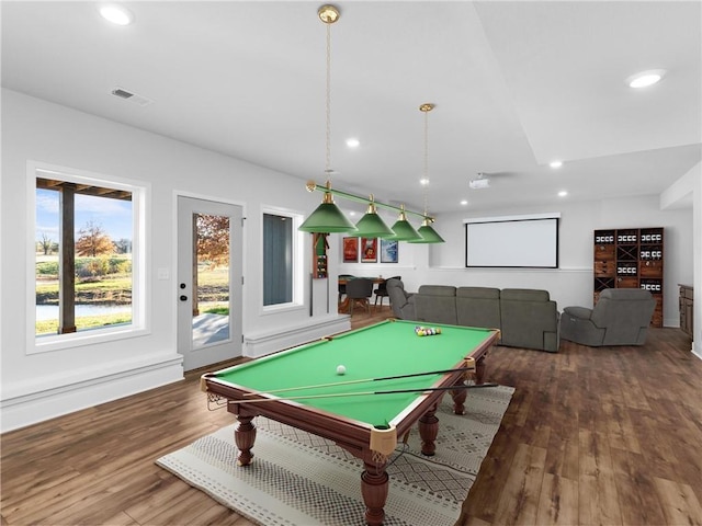 rec room with recessed lighting, visible vents, wood finished floors, and billiards